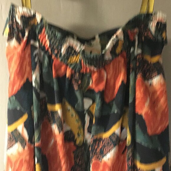 Vintage 80s Union Made Orange and Green Abstract Button Waist Pleated Midi Skirt - Picture 5 of 14